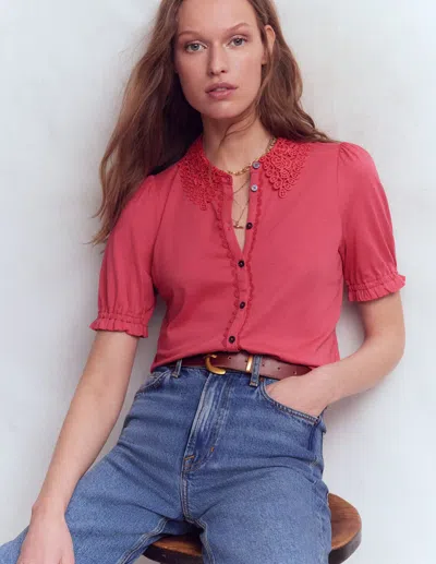 Boden Women's Nessa Broderie Collar Blouse In Red | Size 22