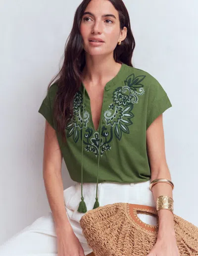 Boden Women's Nina Embroidered Notch T-shirt In Green | Size 18