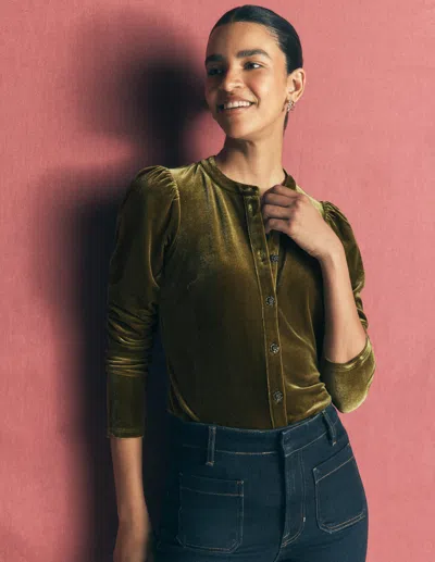 Boden Women's Puff Sleeve Velvet Shirt In Green | Size 4