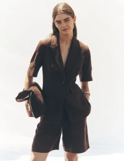 Boden Women's Short Sleeve Linen Blazer In Brown | Size 22