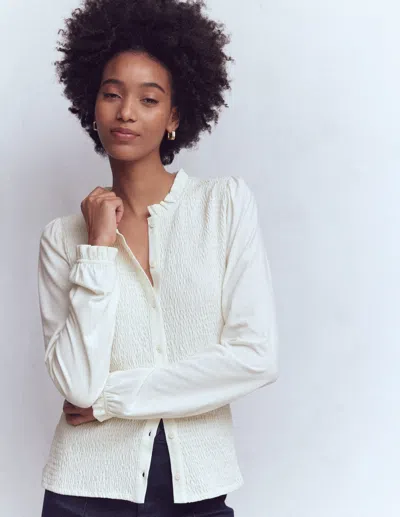 Boden Women's Supersoft Smocked Button Top In White | Size 16/18