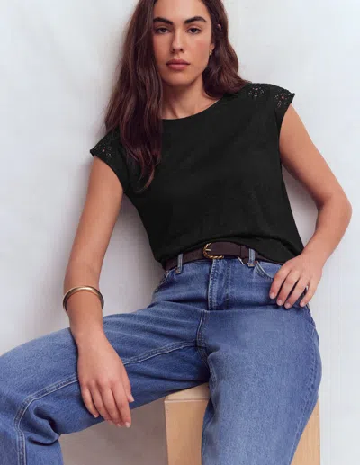Boden Women's Tara Cutwork Linen T-shirt In Black | Size Xl