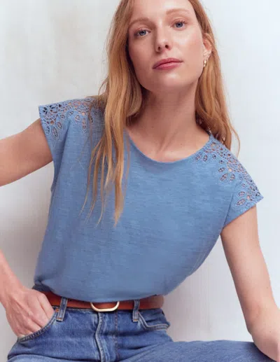 Boden Women's Tara Cutwork Linen T-shirt In Blue | Size Large