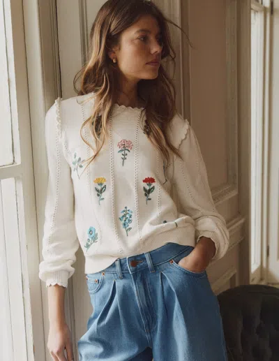 Boden Women's Valeria Crochet Trim Jumper In White | Size Large