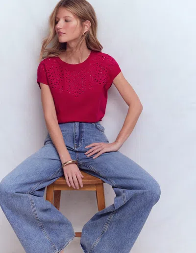 Boden Women's Willow Broderie T-shirt In Red | Size 20/22