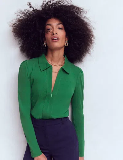 Boden Women's Zip Collar Supersoft Top In Green | Size 20/22