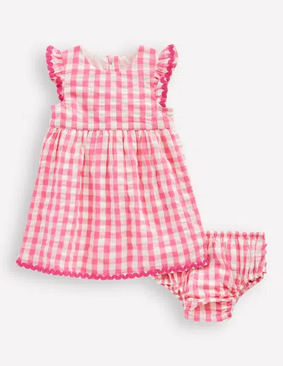 Boden Babies' Woven Frill Dresspink And Ivory Gingham Girls  In Pink