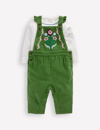 Boden Babies' Woven Overalls Set Broccoli Green Embroidered  In Multi