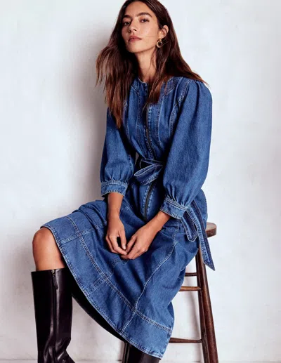 Boden Zip Puff Sleeve Denim Dress Dark Wash  In Blue