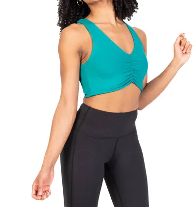 Body Wrap Recycled Polyester Shirred Front Racerback Sports Bra In Teal In Blue