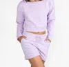 Body Wrappers French Terry Off Shoulder Cropped Sweatshirt In Lavender In Purple