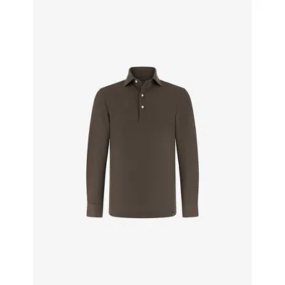 Boggi Mens Dark Brown Long-sleeved Cotton-blend Polo Shirt Xxl