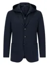 Boggi Milano Ens Navy Blue Removable-hood Single-breasted Stretch Wool-blend Jacket In Brown