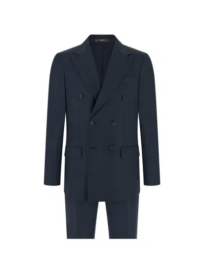 Boggi Milano Double-breasted Pattern Wool Suit In Blue