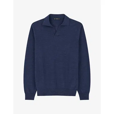 Boggi Milano Ens Open-collar Knitted Polo Shirt Indigo Xl In Blue