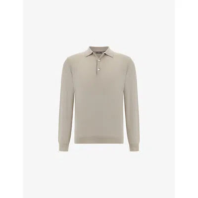BOGGI MILANO ENS SAND LONG-SLEEVE KNITTED MERINO-WOOL POLO SHIRT