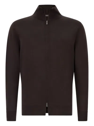 Boggi Milano Full-zip Merino Wool Cardigan In Brown