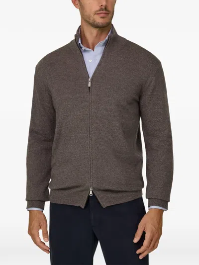 Boggi Milano Ens Mock-neck Full-zip Merino Wool Jumper Taupe In Brown
