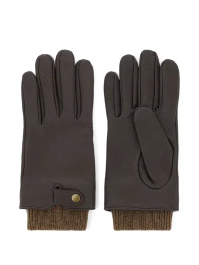 Boggi Milano Gloves In Grained-leather With Knitted Fabric Detail In Brown
