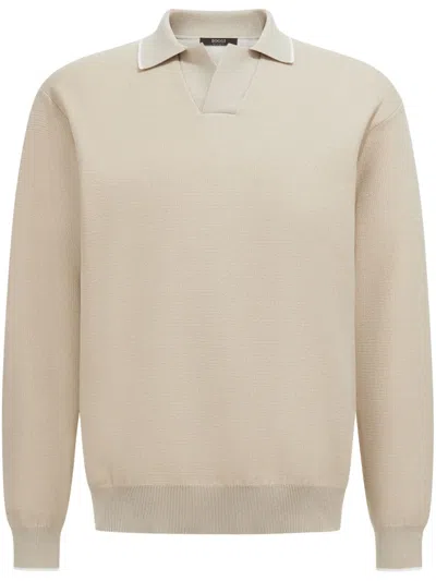 Boggi Milano Open Neck Knitted Polo Shirt In A Cotton Blend In Neutrals