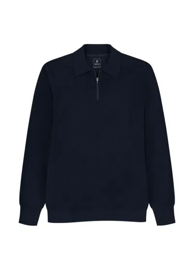 Boggi Milano Knitted Polo Shirt Quarter-zip Wool Blend Wooltech In Blue