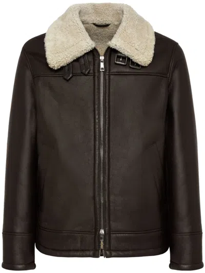 Boggi Milano Leather Bomber Jacket In Brown