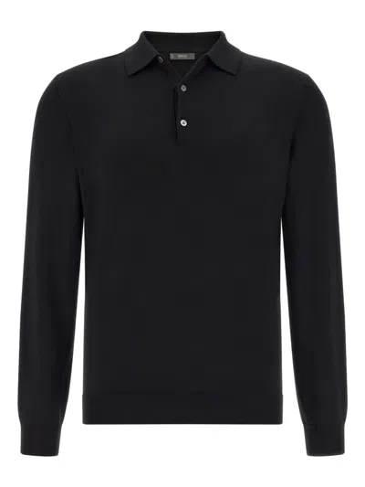Boggi Milano Ens Black Long-sleeve Knitted Merino-wool Polo Shirt Xl