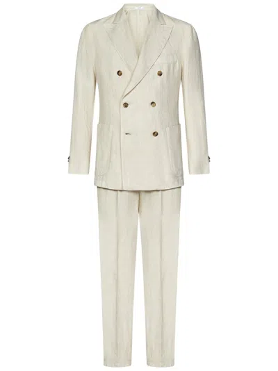 Boglioli Beige Linen Double-breasted Suit With Double-pleat Trousers In White