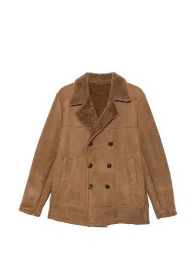 Boglioli Double-breasted Shearling Jacket In Brown Leather
