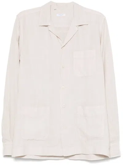Boglioli Garment-dyed Ivory Linen Overshirt With Bowling Collar In Multicolor