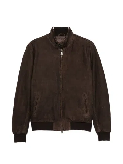 Boglioli High Collar Suede Jacket In Brown