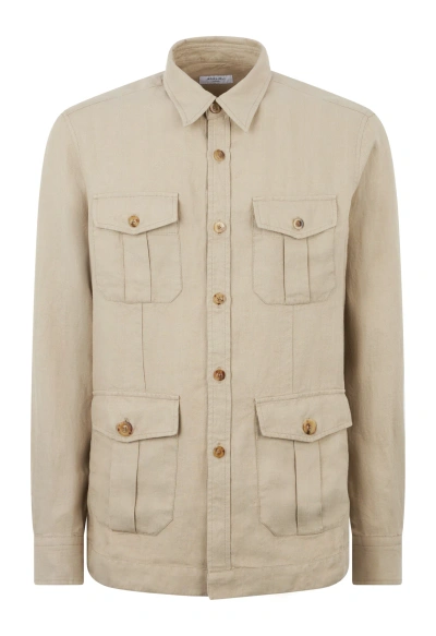 Boglioli Linen Chevron Sahariana Overshirt In Beige