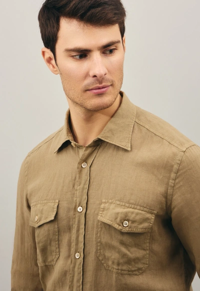 Boglioli Linen Western Shirt In Dark Beige