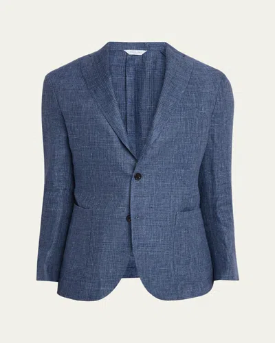 Boglioli Men's Plaid Linen Denim Single-breasted Blazer In Blue