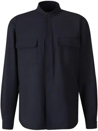 Boglioli Midnight Blue Wool Blend Overshirt With Stand Collar