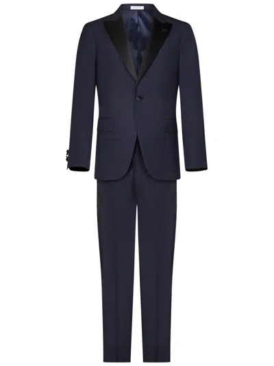 Boglioli Navy Virgin Wool Suit With Black Satin Shawl Collar In Blue