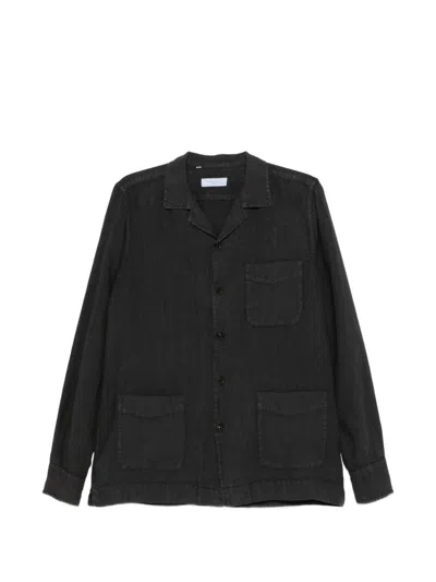 Boglioli Relaxed Fit Black Linen Shirt With Classic Collar And Functional Pockets