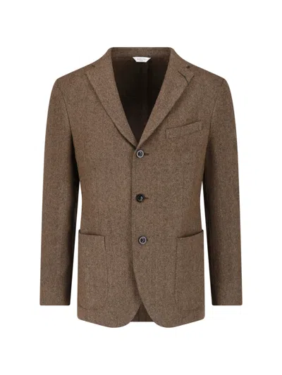 Boglioli Single-breasted Herringbone Blazer With Classic Lapels In Brown