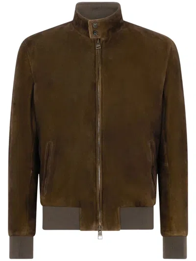 Boglioli Sleek Brown Leather Bomber Jacket With Stand Collar And Minimalist Design In Green