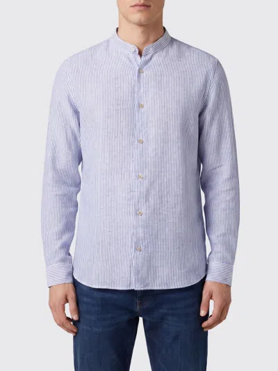 Boglioli Striped Linen Slim Fit Shirt With Mandarin Collar In Blue