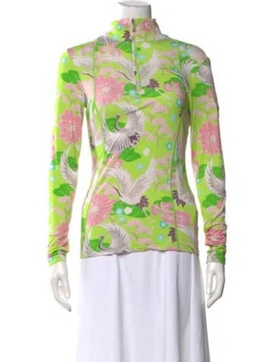 Pre-owned Bogner Floral Print Mock Neck Top In Green