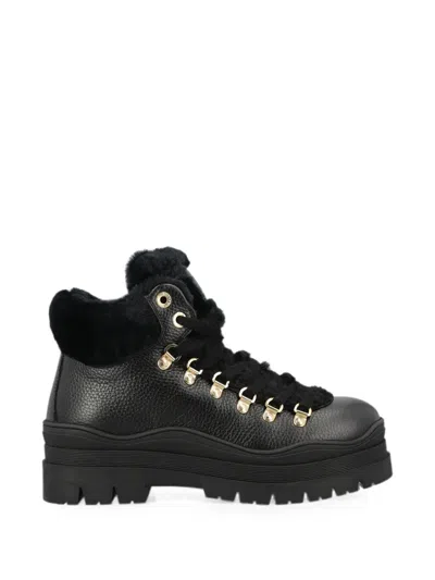 Bogner Lace-up Shearling-trim Ankle Boots In Black