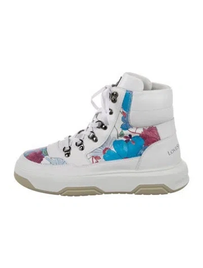 Pre-owned Bogner Leather Floral Print Lace-up Boots In White