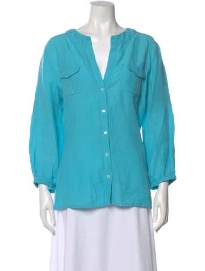 Pre-owned Bogner Linen V-neck Blouse In Blue