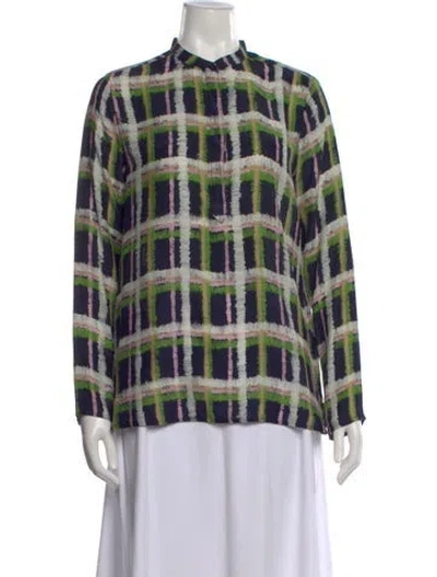 Pre-owned Bogner Silk Plaid Print Top In Green