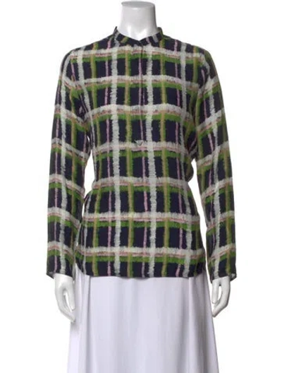 Pre-owned Bogner Silk Plaid Print Top In Green