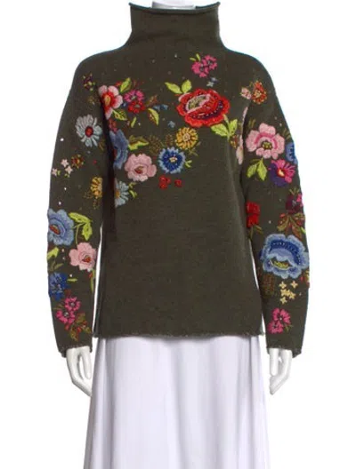 Pre-owned Bogner Virgin Wool Floral Print Sweater In Green