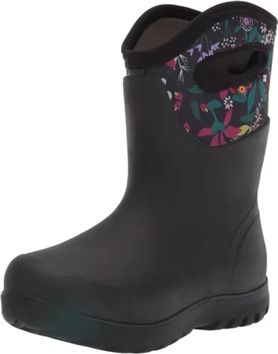 Pre-owned Bogs Women's Neo-classic Mid Waterproof Boot Rain In Carton Flower Print - Black