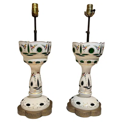 Pre-owned Bohemia 1950s Hand Painted Table Lamps N Czech Glass In Sand