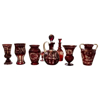 Pre-owned Bohemia 20th Century  Red Engraved Crystal Vases And Bottles From Czech Republic
